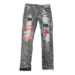 Encrypted Jeans Men 34x32 Black Acid Wash Distressed Graphic Streetwear Punk
